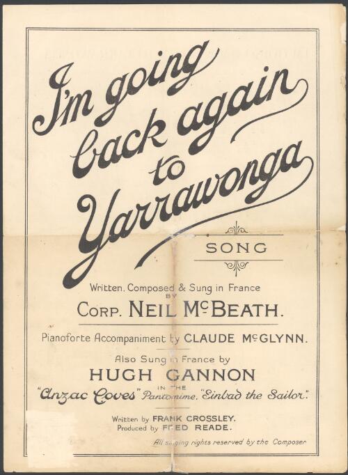 I'm going back again to Yarrawonga [music] : song / written, composed and sung in France by Neil McBeath ; pianoforte accompaniment by Claude McGlynn