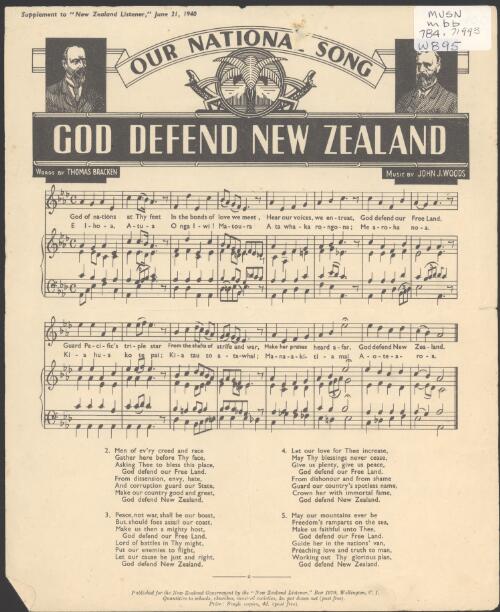 God defend New Zealand [music] / words by Thomas Bracken ; music by John J. Woods