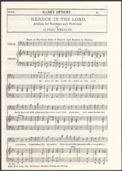 Rejoice in the Lord [music] : anthem for Sundays and festivals / by Alfred Wheeler