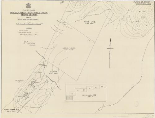 Plan of leases Middle Creek - Twenty Mile Creek Mining Centre showing reefs, workings and assays [cartographic material] / Aerial, Geological and Geophysical Survey, Northern Australia ; surveys and reef mapping by J.C. Thompson