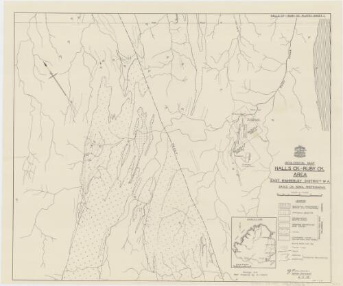 Geological map Halls Ck. - Ruby Ck. area, East Kimberley District W.A. [cartographic material] : based on aerial photographs / Aerial, Geological and Geophysical Survey, Northern Australia ; geology and reef mapping by R.J. Telford