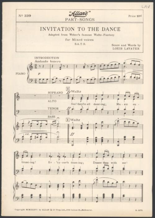 Invitation to the dance [music] : adapted from Weber's famous waltz- fantasy for mixed voices S.A.T.B. / score and words by Louis Lavater