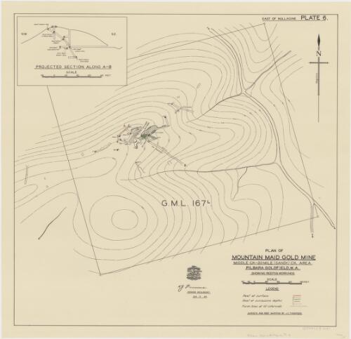 Plan of Mountain Maid gold mine, Middle Ck.-20 Mile (Sandy) Ck. area, Pilbara Goldfield, W.A. showing reefs & workings [cartographic material] / Aerial, Geological and Geophysical Survey, Northern Australia ; surveys and reef mapping by J.C. Thompson