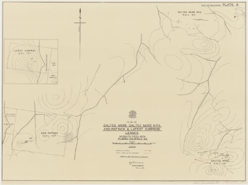Plan of Galtee More, Galtee More Nth., Ard-Patrick & Latest Surprise leases, Mosquito Creek area, Pilbara Goldfield, W.A. [cartographic material] / Aerial, Geological and Geophysical Survey, Northern Australia ; surveys & reef mapping by J.C. Thompson