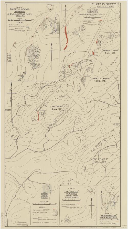 Plan of Eastern Creek Mining Centre, Pilbara Goldfield, W.A. showing geology, reefs, workings and assays [cartographic material] / Aerial, Geological and Geophysical Survey, Northern Australia ; surveys by J.C. Thompson