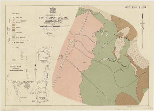 Geological map of North Shaw-Sharks prospecting area, Pilbara gold-field, W.A. [cartographic material] / Aerial, Geological and Geophysical Survey, Northern Australia ; geology & survey (triangulation & pacing) by R.J. Telford ; [signed] F.H. Jones