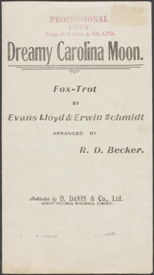 Dreamy Carolina Moon [music] : fox-trot / by Evans Lloyd & Erwin Schmidt, arranged by R. D. Becker