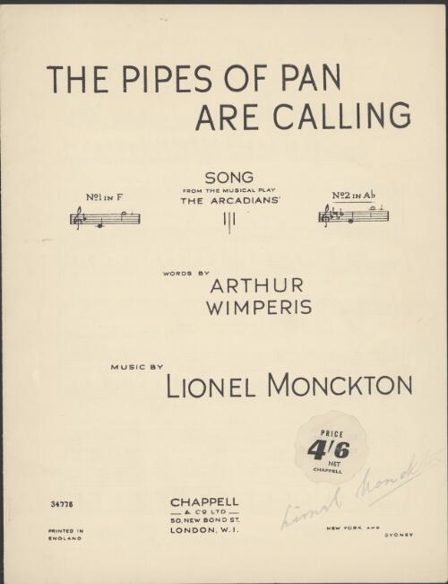 The pipes of Pan are calling [music] : song from the musical play, The Arcadians / words by Arthur Wimperis ; music Lionel Monckton