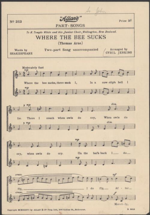 Where the bee sucks [music] : two-part song unaccompanied / words by Shakespeare ; [music by] Thomas Arne ; arranged by Cyril Jenkins