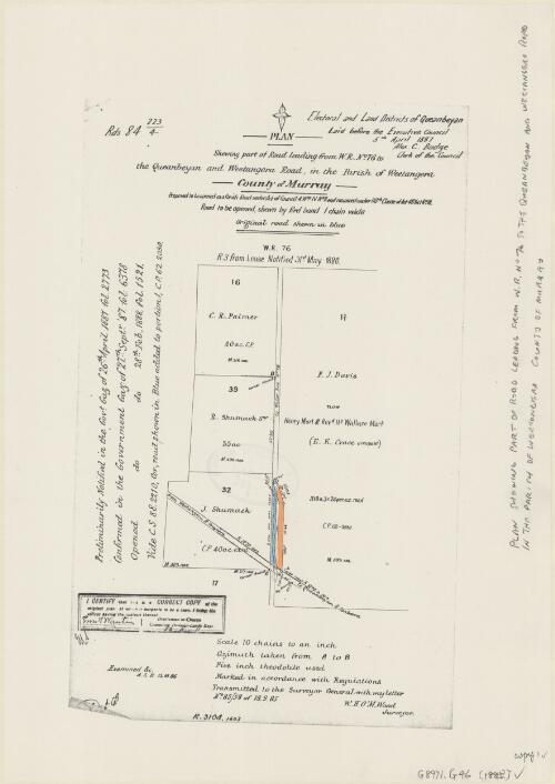 Plan shewing of road leading from W.R. no.76 the Queanbeyan and Weetangera Road in Parish of Weetangera, County of Murray : proposed to be opened as a Parish Road under the Act of Council 4, Will. IV, No. 11 and resumed under 110th. clause of Act 48 Vict. no 18 / transmitted to the Surveyor General ... 18.9.85