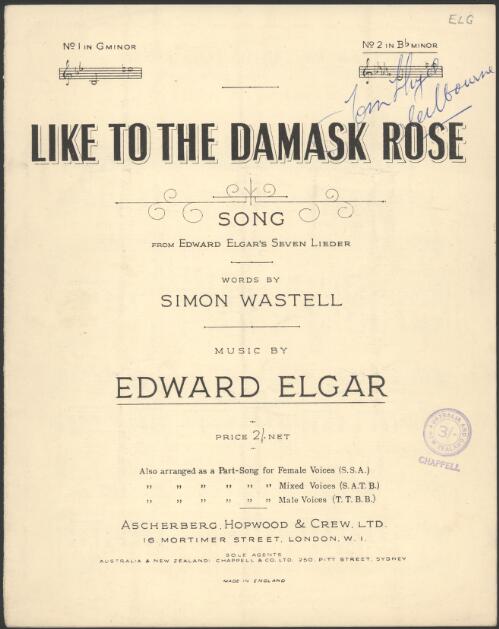 Like to the damask rose [music] : song / words by Simon Wastell ; music by Edward Elgar