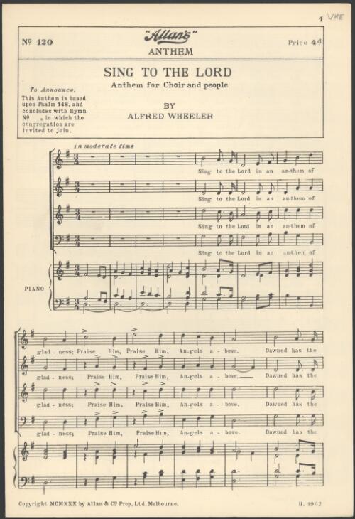 Sing to the Lord [music] : anthem for choir and people / by Alfred Wheeler