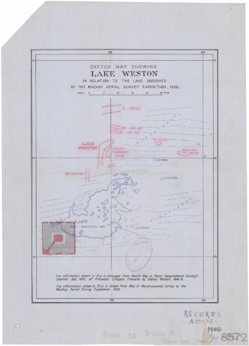 Sketch map showing Lake Weston in relation to the lake observed by the Mackay Aerial Survey Expedition, 1930 [cartographic material]