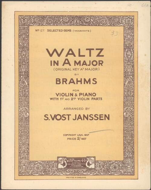 Waltz in A major [music] : (original key A-flat major) / by Brahms ; arranged by S. Vost Janssen