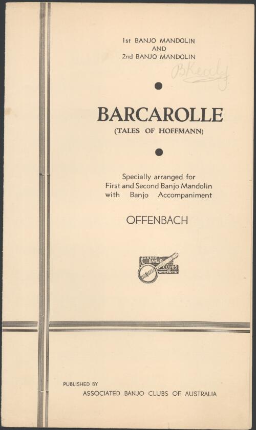 Barcarolle (tales of Hoffmann) [music] / Offenbach; arranged by Claude Spangler