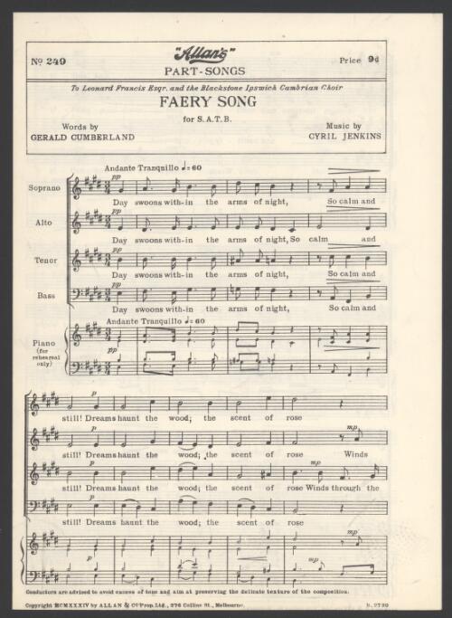 Faery song [music] : for S.A.T.B. / words by Gerald Cumberland ; music by Cyril Jenkins