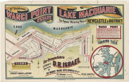 Wangi Point Estate, Lake Macquarie : 1st, 2nd & 3rd subdivisions [cartographic material] / for private sale by D.R. Israel & the Wangi Wangi Development Co. Ltd., 331 Hunter St., Newcastle ; P.F. Dimond, Secretary, 17 Castlereagh St., Sydney ; Edward Anderson, litho & survey draftsman, "Ocean House" Moore St. Sydney