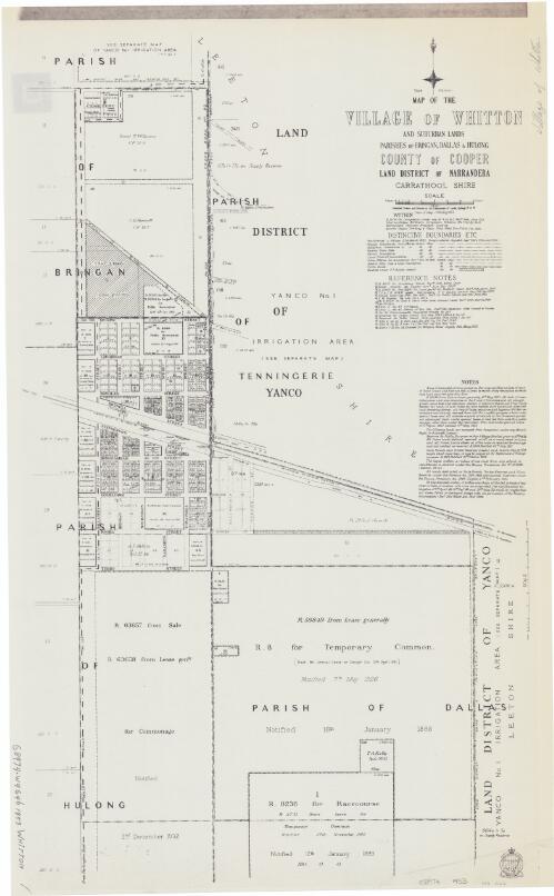 Map of the village of Whitton and suburban lands [cartographic material] : Parishes of Bringan, Dallas & Hulong, County of Cooper, Land District of Narrandera, Carrathool Shire / compiled, drawn and printed at the Department of Lands, Sydney, N.S.W