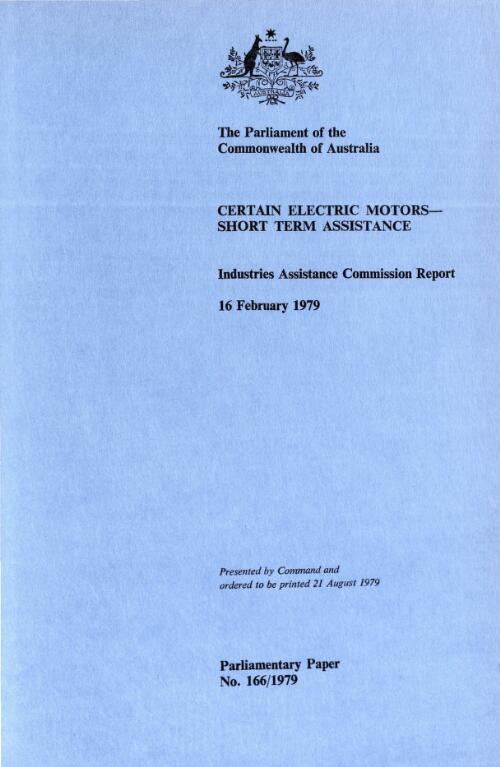 Certain electric motors, short term assistance, 16 February 1979 : Industries Assistance Commission report