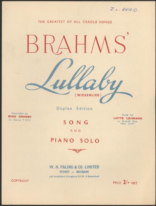 Brahms' lullaby [music] : Wiegenlied, song and piano solo / Brahms