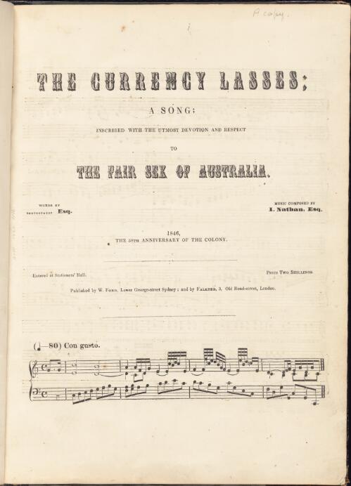 The currency lasses [music] : a song / words by ********** ; music composed by I. Nathan