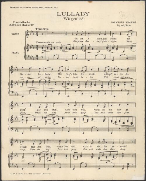 Lullaby, op. 49, no.4 [music] = Wiegenlied / translation by Maurice Hazlitt ; [music by] Johannes Brahms ; The sandman / Louis Lavater ; Johannes Brahms