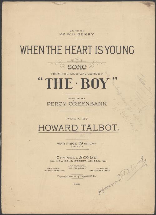 When the heart is young [music] : song / words by Percy Greenbank ; music by Howard Talbot