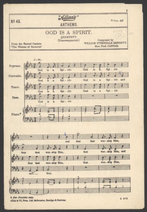 God is a spirit [music] : quartett. (unaccompanied) / from the sacred cantata "The woman of Samaria" ; composed by William Sterndale Bennett