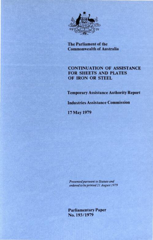 Continuation of assistance for sheets and plates of iron or steel : Temporary Assistance Authority report, Industries Assistance Commission, 17 May 1979