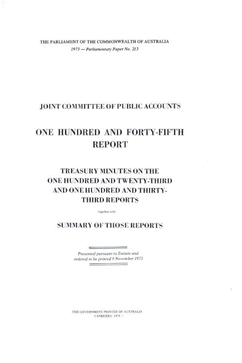 Treasury minutes on the one hundred and twenty-third and one hundred and thirty-third reports together with summary of those reports / Joint Committee of Public Accounts