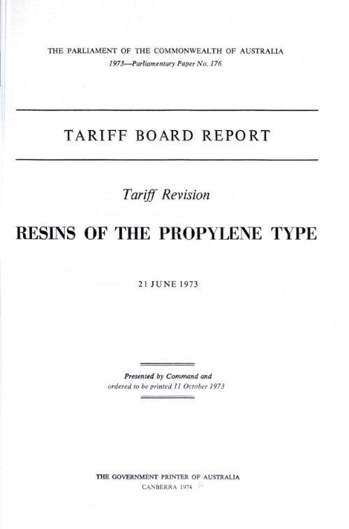 Tariff revision, resins of the propylene type  / Tariff Board
