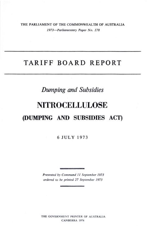 Dumping and subsidies, nitrocellulose (Dumping and subsidies act) / Tariff Board