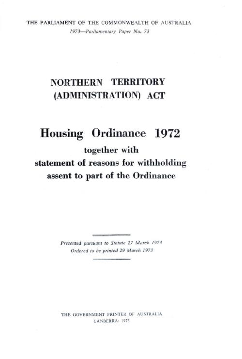Housing Ordinance 1972 (No. 60 of 1972), together with statement of reasons for withholding assent to part of Ordinance