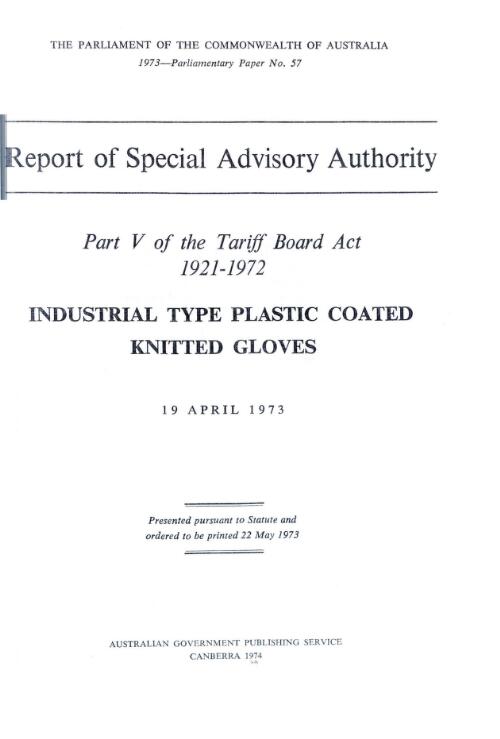 Industrial type plastic coated knitted gloves : report of Special Advisory Authority
