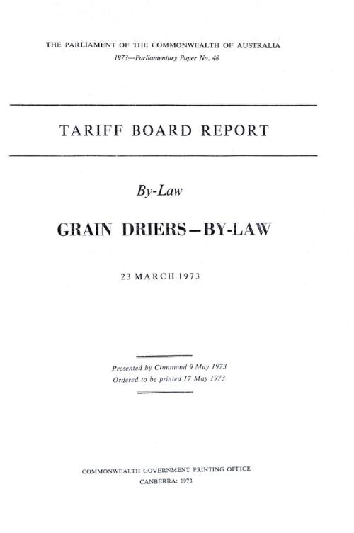 By-law, grain driers-by law, 23 March 1973 / Tariff Board