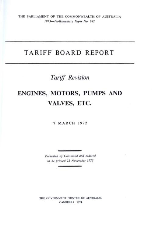 Tariff revision, engines, motors, pumps and valves, etc., 7 March 1972 / Tariff Board