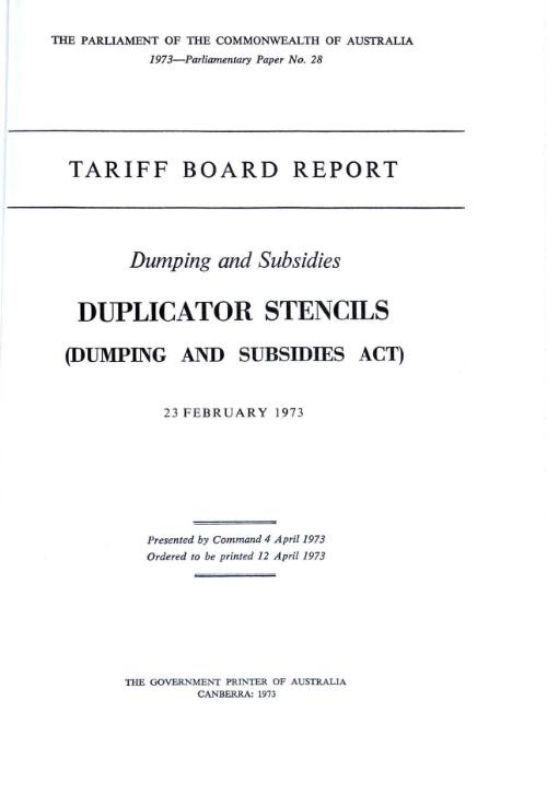 Dumping and subsidies, duplicator stencils (Dumping and subsidies act) / Tariff Board
