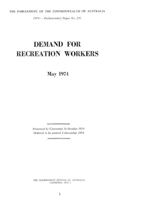 Demand for recreation workers, May 1974 / Consultation Planning Survey Services