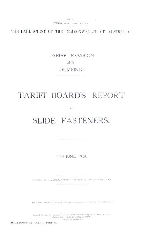 Tariff Board - Report - Slide fasteners, dated - 11th June, 1954