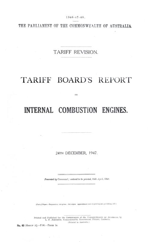 Tariff Board's report on internal combustion engines, 24th December, 1947