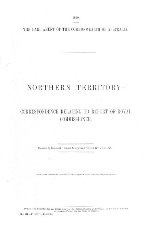 Northern Territory : correspondence relating to report of Royal Commissioner