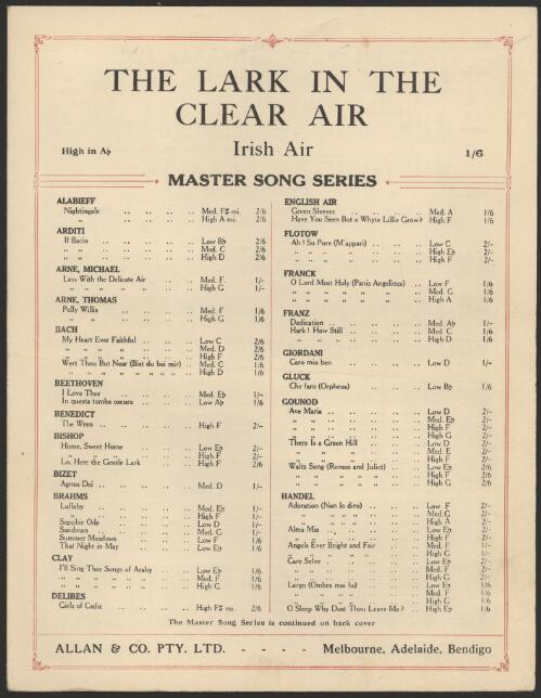 The Lark in the clear air [music] : air : The white breasted boy / words by Sir Samuel Ferguson ; Irish air arr. by Percy Jones