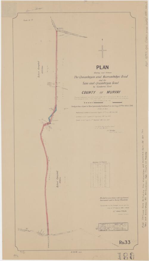Plan shewing road between the Queanbeyan and Murrumbidgee Road and the Yass and Queanbeyan Road by Canberra Ford, County of Murray [cartographic material] : proposed to be opened as a Parish Road under the Act of Council 4, William IV, No. 11 : road to be opened shown in red, 1 chain wide, 2 chains at Canberra Ford, 73 links at cemetery / transmitted to the Surveyor General ... 11th December 1880 ... sigd. James J. Baylis, Licensed Surveyor