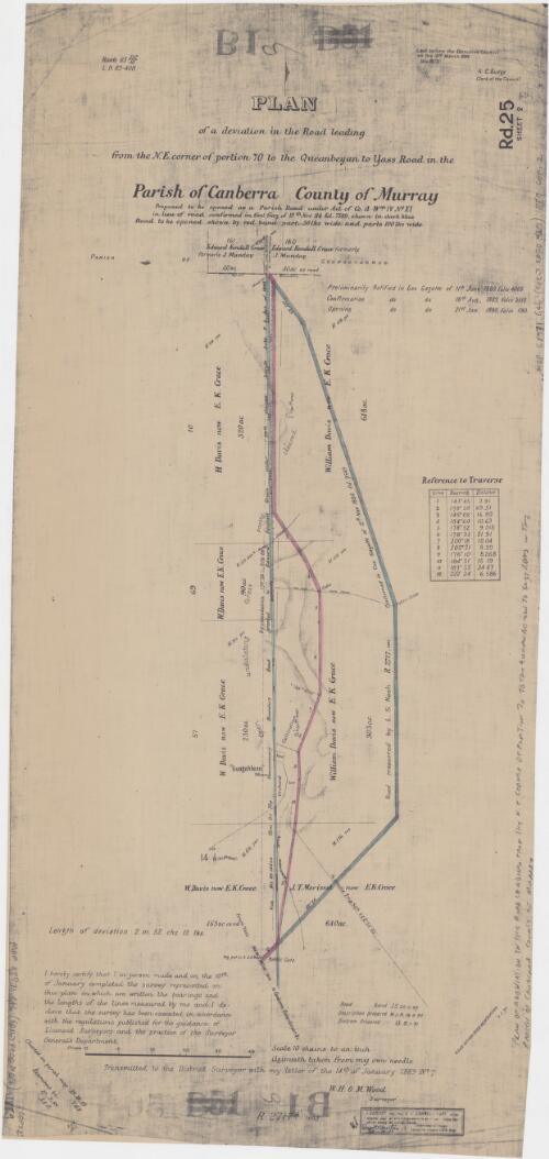 Plan of a deviation in the road leading from the N.E. corner of portion 70 to the Queanbeyan to Yass Road in the Parish of Canberra, County of Murray [cartographic material] : proposed to be opened as a Parish Road under the Act of Co. 4., Wm. IV., No. XI. in lieu of road confirmed in Gov. Gaz. of 12th Nov. '84 fol. 7589, shewn in dark blue : road to be opened shown by red band, parts 50 lnks wide and parts 100 lnks wide / transmitted to the District Surveyor ... 14th of January 1889 No. 7 ... W.H.O'M. Wood, lic. surveyor