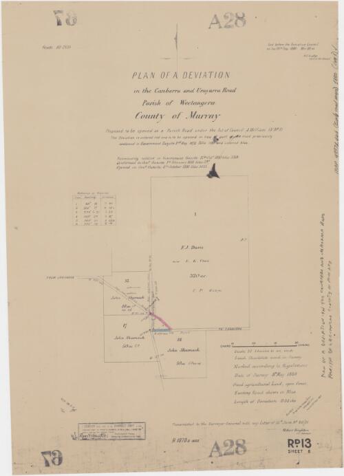Plan of a deviation in the Canberra and Urayarra Road, Parish of Weetangera, County of Murray [cartographic material] / transmitted to the Surveyor General with my letter of 12th June, no. 80/21, Robert Drighton, lic. surveyor