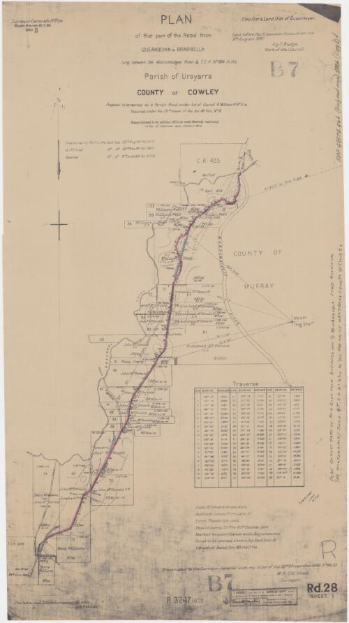 Plan of that part of the road from Queanbeyan to Brindibella [cartographic material] : lying between the Murrumbidgee River & T.S.R. no. 694 in the Parish of Urayarra, County of Cowley / transmitted to the Surveyor General ... 18th November 1886 ... W.H.O'M. Wood (surveyor)