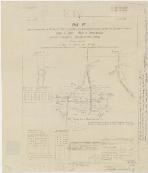 Plan of lands to be resumed under the Public Roads Act 1902 in connection with proposed deviation at Naas of the road from Queanbeyan to Gudgenby [cartographic material] : County of Cowley, Parish of Cuppacumbalong, Land District of Queanbeyan, Land Board District of Goulburn, Eastern Division / transmitted to the District Surveyor with my letter of 19th April, no. 06-12, T. Walter Raymond, lic. surveyor