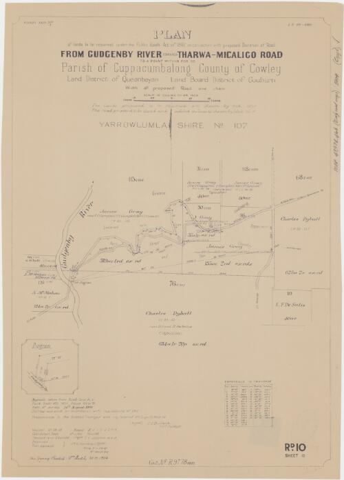 Plan of lands to be resumed under the Public Roads Act of 1902 in connection with proposed deviation of road from Gudgenby River towards Tharwa-Micaligo Road [cartographic material] : to a point within Por. 30, Parish of Cuppacumbalong, County of Cowley, Land Board of Queanbeyan, Land Board District of Goulburn / transmitted to the District Surveyor ... 31st August 1909 ... C.C. Bullock, licd. surveyor