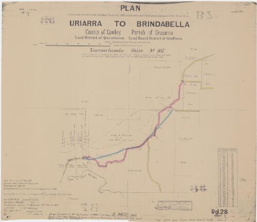 Plan of lands to be resumed under the Public Roads Act 1902 in connection with proposed deviation of the road from Uriarra to Brindabella [cartographic material] : County of Cowley, Parish of Urayarra, Land District of Queanbeyan, Land Board District of Goulburn : width of proposed road 100 links and 150 links / transmitted to the District Surveyor ... 16th June 1909 ; A. Laudon