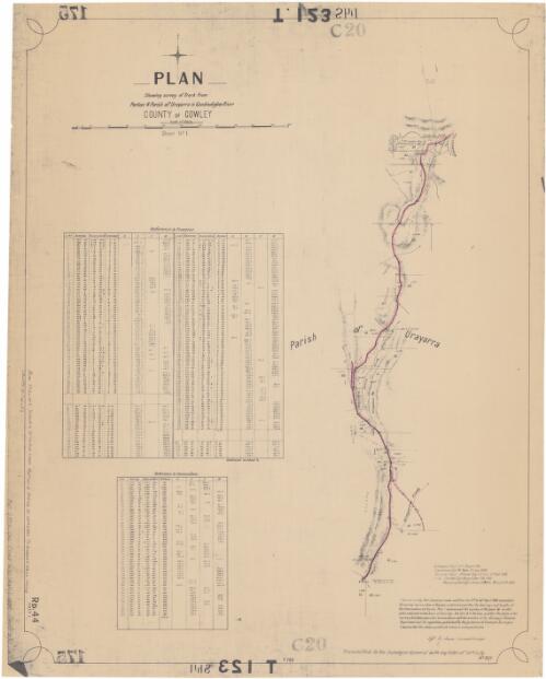Plan shewing survey of track from Portion 4, Parish of Urayarra to Goodradigbee River, County of Cowley [cartographic material] / transmitted to the Surveyor General, 10th July [1885] ... sd. G. Soares, Licensed Surveyor